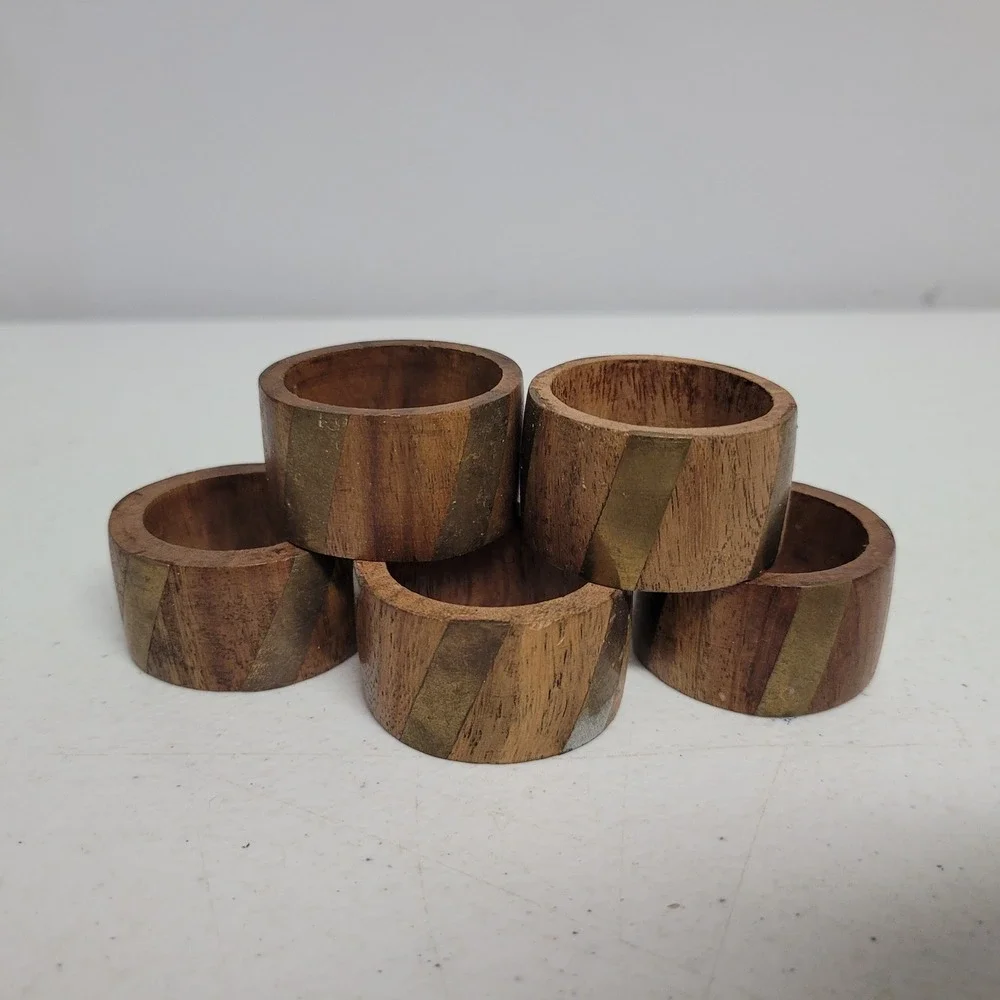 Vintage Wood and Brass Inlay Napkin Rings Set of 5 Brown Gold